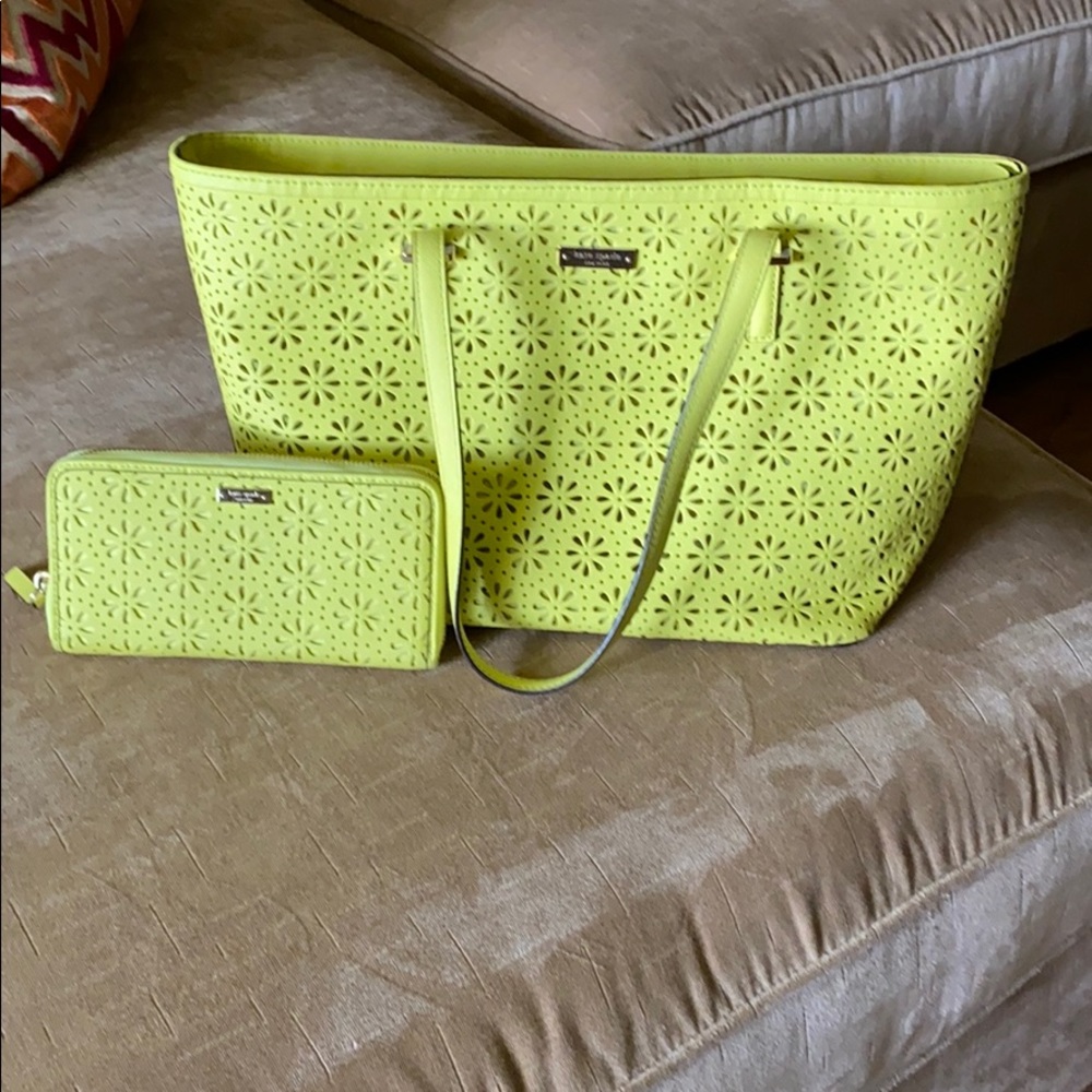 kate spade lime green laser-cut tote with matching wallet